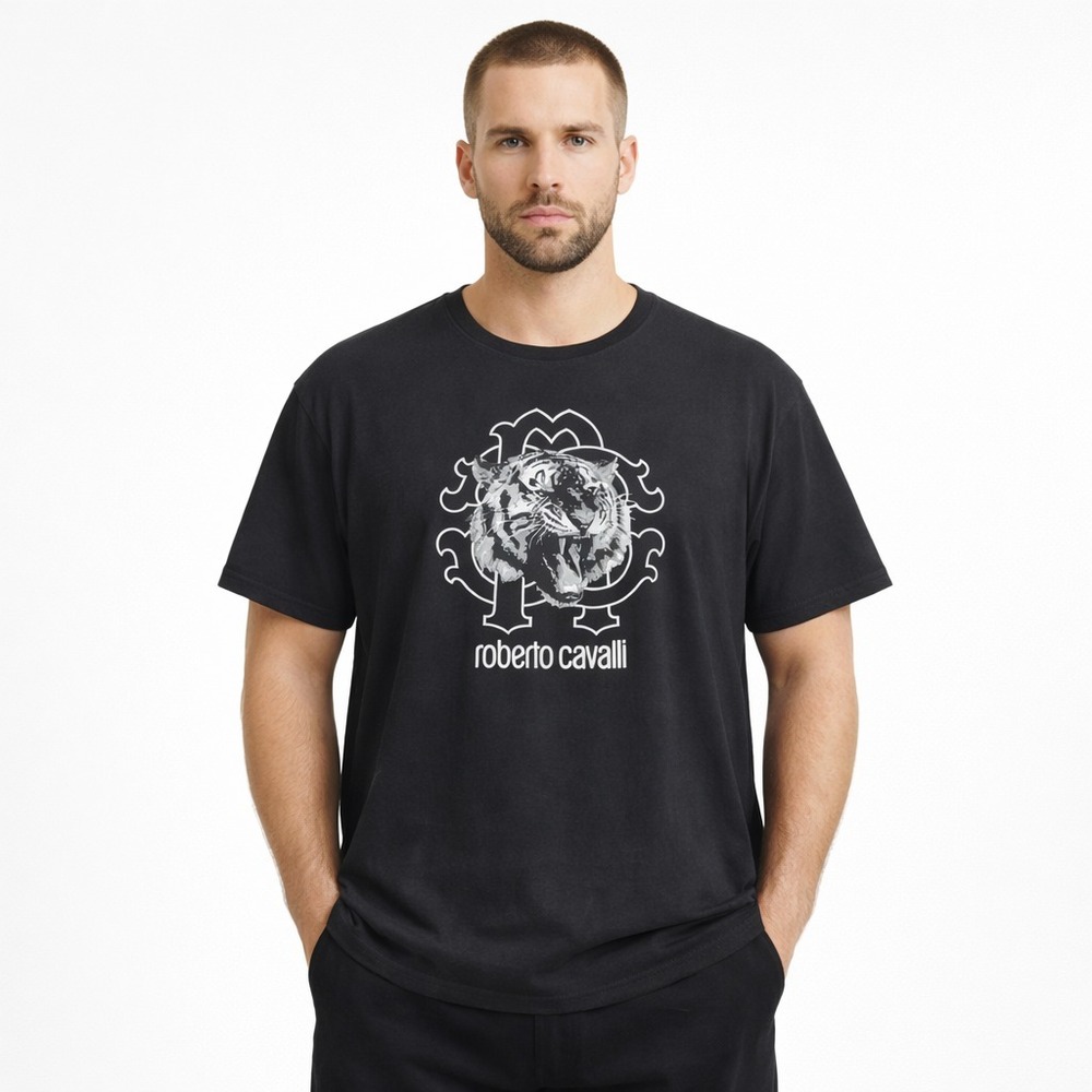 Roberto Cavalli Men's XXL Black Graphic T-Shirt Tiger Logo Designer Tee Faded